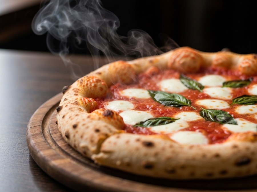 Una pizza napolitana gourmet recién salida del horno de leña, con ingredientes frescos y burbujas en la masa.